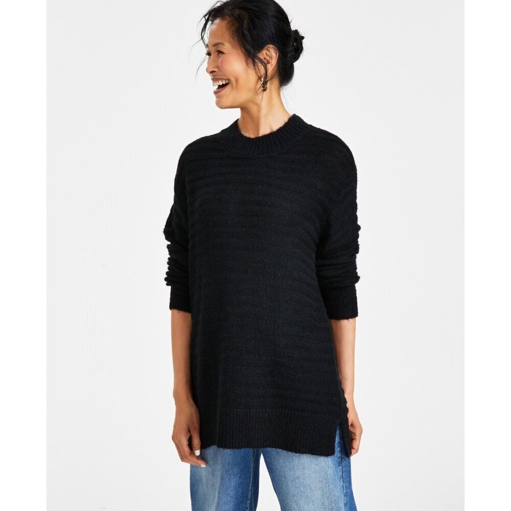 Style & Co Womens Petite Size PP Textured Crewneck Tunic Sweater in Black SW3